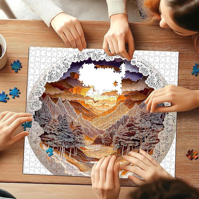 Mountain Sunset Landscape 500 Piece Jigsaw Puzzles for Adults Layered Paper Art Forest River Nature Scene Puzzle with Letters on Back Fun Seniors Wall Art Family Puzzle(20"X20")