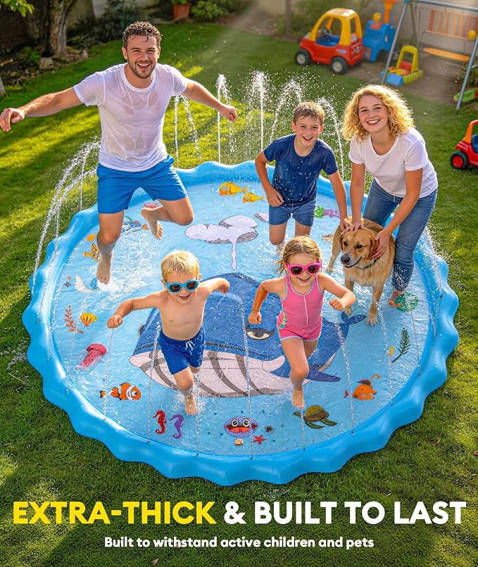 102" Splash Pad, Sprinkler & Splash Play Mat Toys for Kids Water Toys, Inflatable Wading Pool Extra Large Thicker Summer Outdoor Funny Toys for 3-12 Years Old Children Boys & Girls