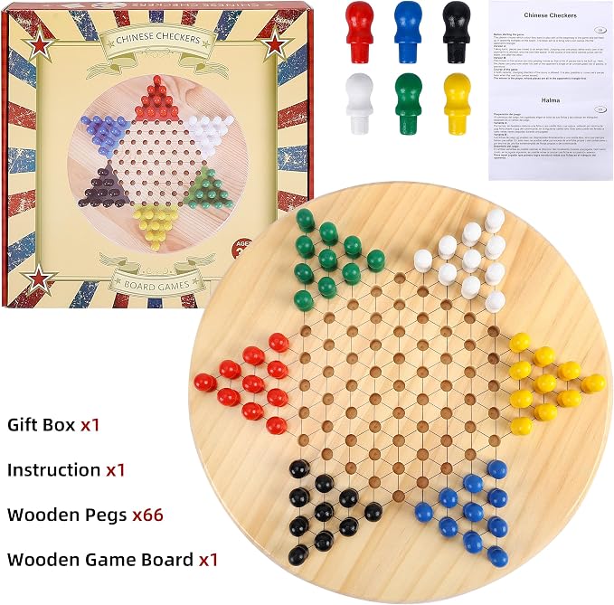 Gothink Chinese Checkers Board Game Toy for Adults Seniors Kids, 11.5 inches Classic Wooden Checkers Game Set, 66 Wooden Pegs in 6 Bright Colors, Fun Family Board Games for All Ages