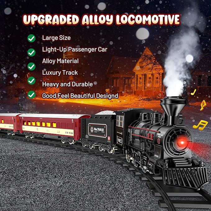 Hot Bee Train Set - Metal Train Toys with Luxury Tracks and Glowing Passenger, Christmas Train Sets for Around The Tree with Smokes, Lights & Sound, Toy Train Set for 3 4 5 6 7+ Years Old Boys Gifts