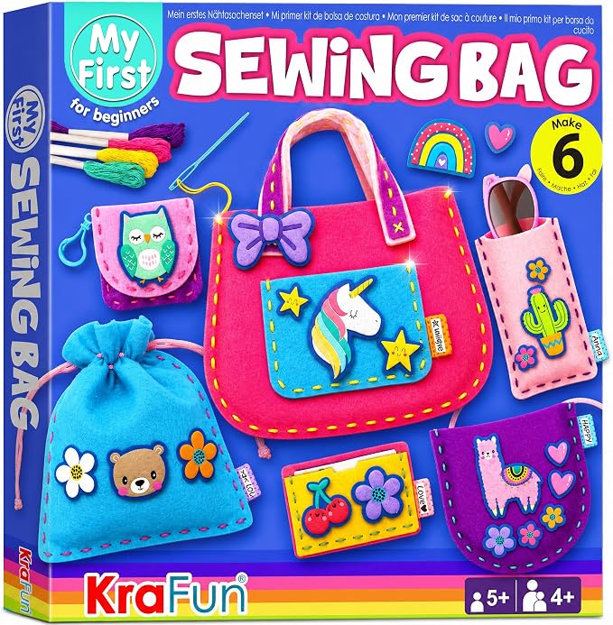 KRAFUN Sewing Bag Kit for Beginner Kids - 6 Animal Themed Projects Age 6+ | Sew 6 mini animal-themed bag & case holders. Instructions & felt included. Gift for girls & boys learning to sew