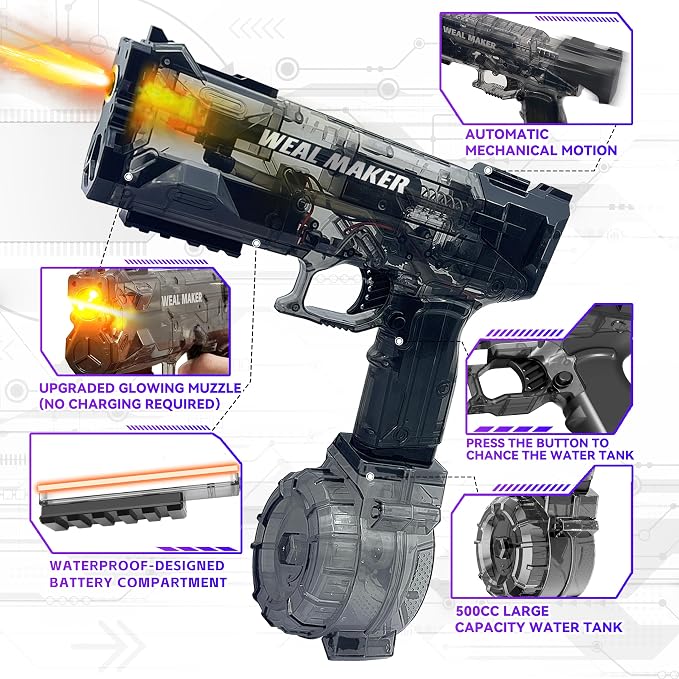 Electric Water Guns for Kids Adults, 2 Pack Automatic Squirt Gun with LED Light-Up Muzzle, 500CC Tank, 28FT Long Range Water Blaster, Waterproof Summer Pool Party Toy