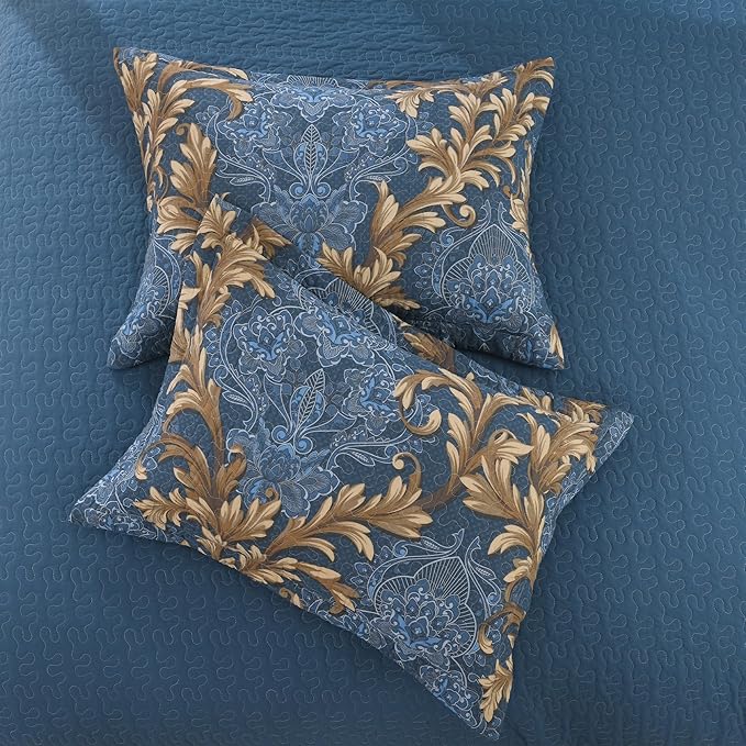 100% Cotton Classic Damask Reversible Queen Size Quilt Set, Blue and Brown | Elegant Floral Pattern, Queen Quilt with Shams, Lightweight, Scrollwork, 3 Piece Bedspread Set, All Season, 106"x98"