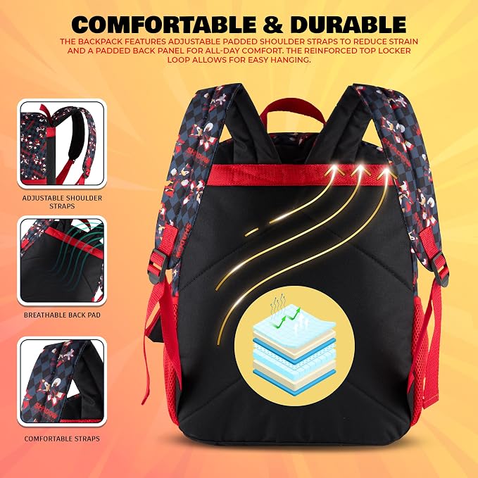 AI ACCESSORY INNOVATIONS Sonic the Hedgehog 5 PC Backpack Set for Girls & Boys, 16” Book Bag Featuring Shadow The Hedgehog, Black
