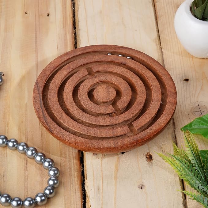 Ajuny Handcrafted Indian Wooden Round Labyrinth Ball Maze Puzzle Board Game Challenging Education Game, Brain Teaser for Kids, Adults