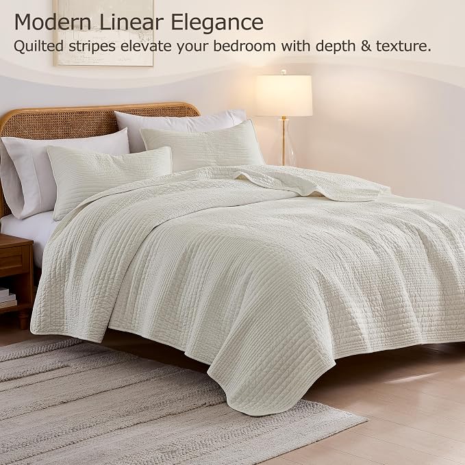 palassio Striped Beige 100% Cotton Quilt Twin Size Bedding Sets, Lightweight Crinkly Channel Pick Stitch Textured Bedspread Soft Shabby Chic Farmhouse Country Coverlet for All Season, 1 Sham