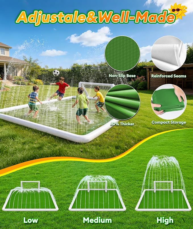 EPN Splash Pad for Kids, 138" x 118" Extra Large Sprinkler Mat with Soccer Goal & Ball, Non-Slip Thick PVC Water Play Mat, Outdoor Backyard Water Toys for Kids Ages 4-8 8-12, Lawn & Summer Fun