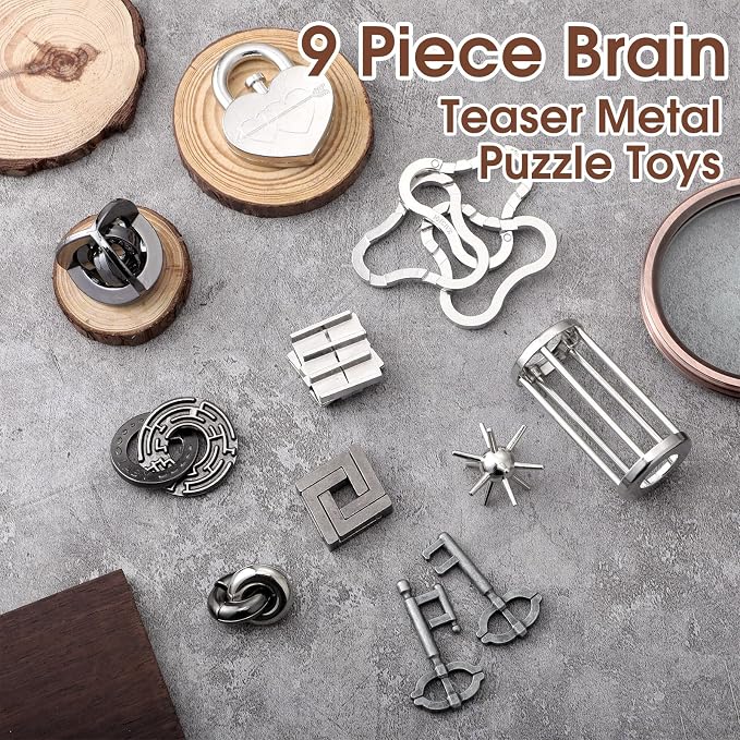 Wettarn 9 Pcs Metal Brain Teaser Puzzles 3D Steel Puzzle Set for Adults IQ Logic Challenge Disentanglement Unlock Interlocking Games Smart Logic Test Toys for Adults Mind Challenge(Engaging Style)