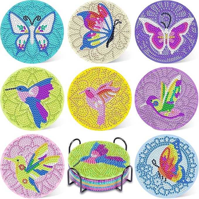 UPINS DIY Kit, Diamond Art Painting Coasters with Holder, 8 Pcs Hummingbird Butterfly Coaster Craft Supplies for Adults Kids Beginners