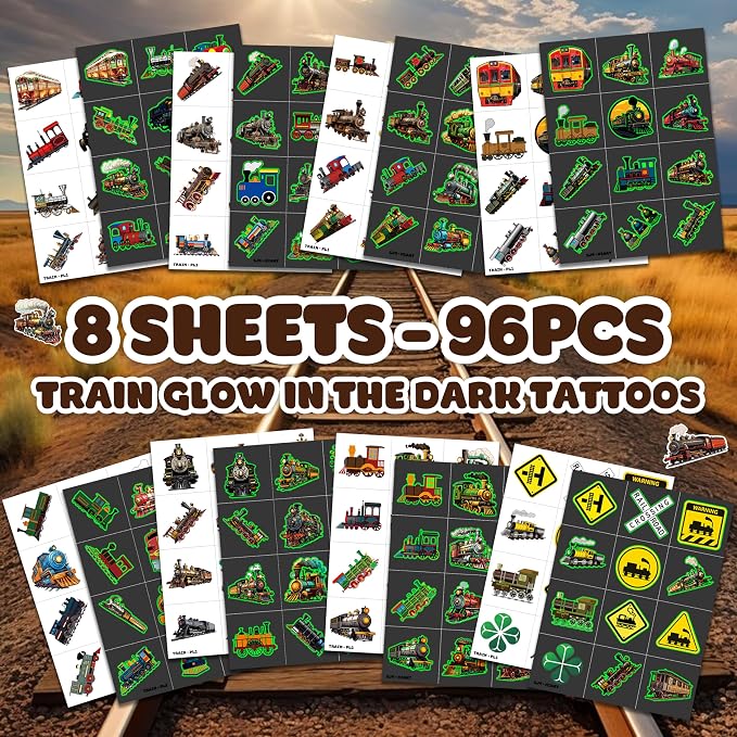 96 PCS Vintage Train Pre-Cut Temporary Tattoos Themed Birthday Party Supplies Favors Decorations Decor Steam Trains Railroad Tattoo Stickers Gifts For Boys Girls Class Prizes Carnival (Glow)