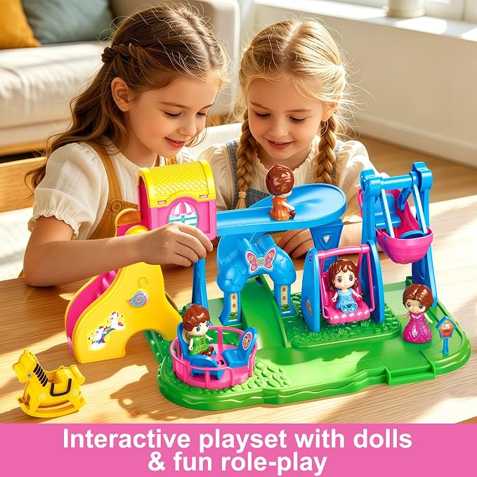 XDUOYJOY Doll House Playground Playset with 4 Toy Figures, Slide, Swing, Rocking Horse, Pirate Ship, Dollhouse & Doll Accessories Pretend Play Fun for Kids Ages 3+
