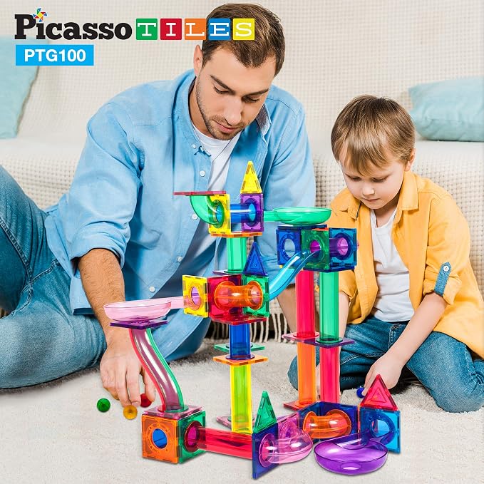PicassoTiles 100PC Marble Run Race Track + Carry Case Bundle: STEAM Educational Playset for Kids Includes Travel Storage Organizer - Fun Learning Construction Toy, Creative Design, Sensory Development