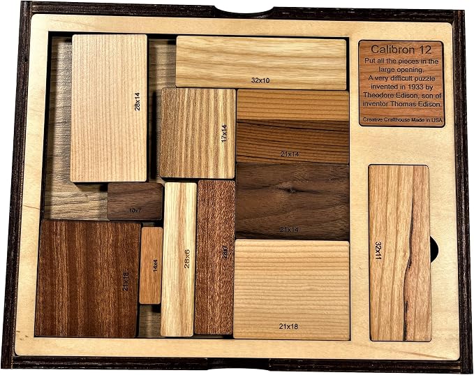 Creative Crafthouse Calibron 12 Impossible Wood Packing Puzzle, Made in USA | Theodore Edison's 1933 design, faithfully reproduced; fit twelve odd rectangles into one solid block, rated 11 out of 10