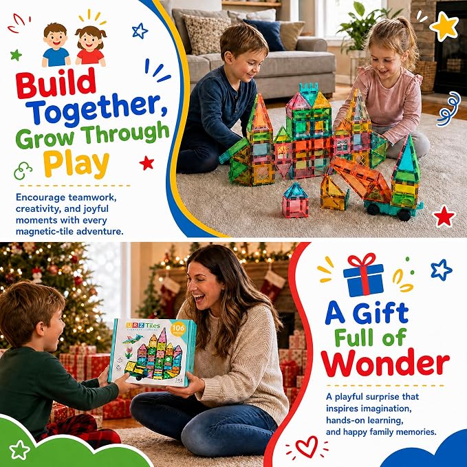 Magnetic Tiles 106-Piece Set, Standard 3 inch Magnetic Building Blocks for Kids Ages 3+ Boys and Girls, Educational Magnet Construction Tiles for Creativity & Learning