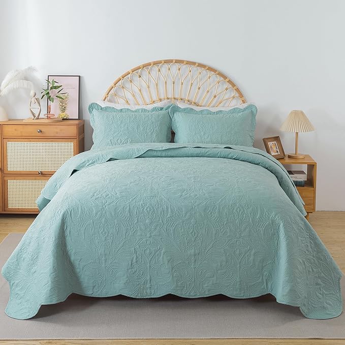 HoneiLife Quilt Set Queen Size - 3 Piece Queen Quilt Bedding Set Microfiber Quilt Sets Lightweight Bedspreads Reversible Coverlets Retro Bed Cover Floral Bedding Set All Season Quilts-Sage Green