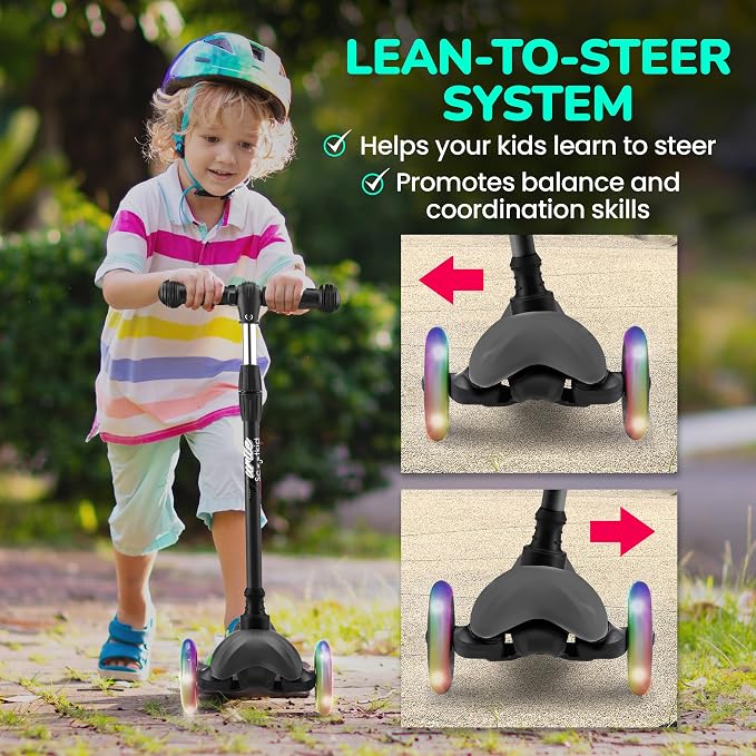 Hurtle Mini Kickboard 3 Wheel Scooter for Kids Ages 2-5 - Lean-to-Steer Toddler Scooter with Light-up LED Wheels, Adjustable Height & Rear Foot Brake for Boys. & Girls, Anti-Slip, Indoor/Outdoor