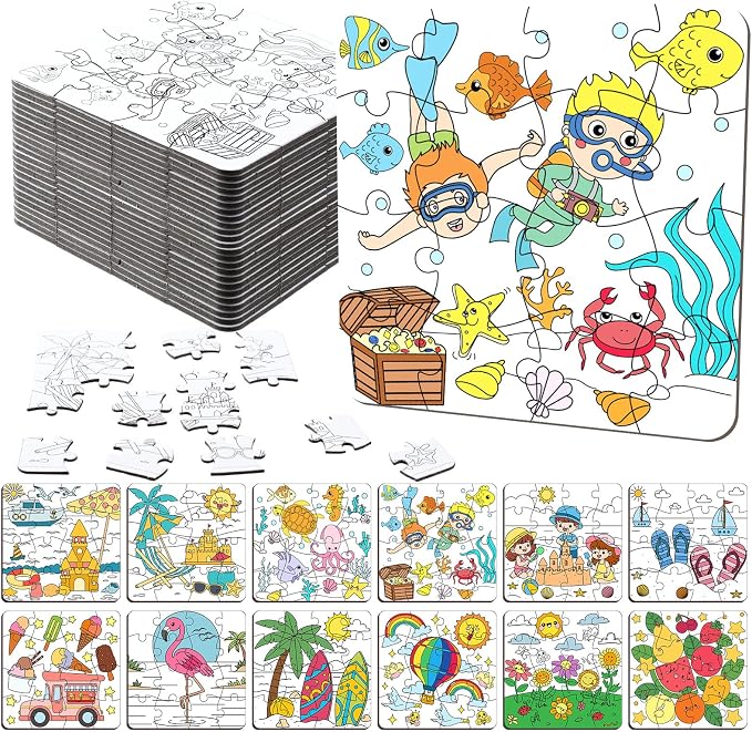 Realspring 24 Pack Color Your Own Jigsaw Puzzles for Kids 3-5, 4-6, 6-8, Coloring Crafts DIY Paper Puzzles Party Favors Gifts for Toddler Children Learning Education Toys(Summer)