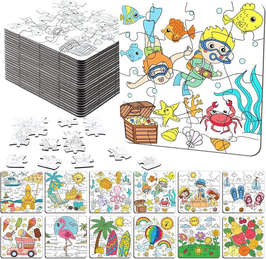 Realspring 24 Pack Color Your Own Jigsaw Puzzles for Kids 3-5, 4-6, 6-8, Coloring Crafts DIY Paper Puzzles Party Favors Gifts for Toddler Children Learning Education Toys(Summer)