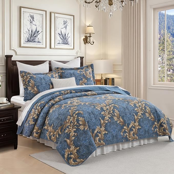 100% Cotton Classic Damask Reversible King Size Quilt Set, Blue and Brown | Elegant Floral Pattern, King Quilt with Shams, Lightweight, Scrollwork, 3 Piece Bedspread Set, All Season, 106"x98"