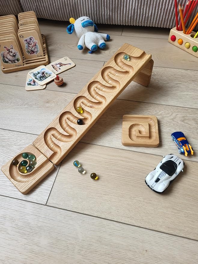 Marble Run Track Race Machine Wooden Maze Board Ball Run Course Gift for Kids Run Race Winding Track Roller (Waves)