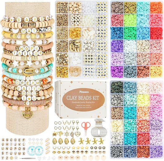 Pizooro Clay Beads 3 Boxes Bracelet Making Kit, 10500pcs Beads for Jewelry Making, Round Letter Beads with Charm and Elastic Strings, Friendship Bracelets Holiday Gifts for Girls Adults
