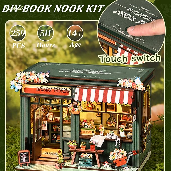 ISSEVE Florist Book Nook Kit for Adults Miniature House Kit Booknook Decor | Gifts for Book Lovers Friends Holidays, Bookshelf Insert Decor, DIY Crafts Kit,3D Wooden Puzzle, 259Pcs, 3-5 Hrs Build