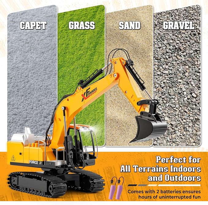V-Opitos RC Excavator Toys for Boys Age 3, 4, 5, 6, 7, 8, 9, 10+ Years Old, 13CH Excavable Remote Control Construction Toys with Alloy Shovel/Lights/Sounds, Ideal Christmas Birthday Gifts for Kids
