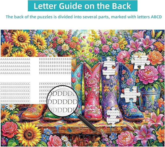 1000 Piece Puzzle for Adults, Colorful Flower Boots Jigsaw Puzzles, Plant Floral Boot Garden Jigsaw Puzzle, Fun Challenging Puzzle with Letters on Back, Cowgirl Blooming Boots Puzzles for Game Night