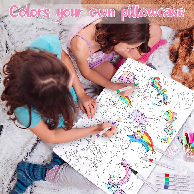 Mindsoft Coloring Craft Coloring Pillowcase Unicorn Pillowcase with 12 Pcs Markers Pens for Decoration Supplies Craft, 28.7 x 19.7 Inch
