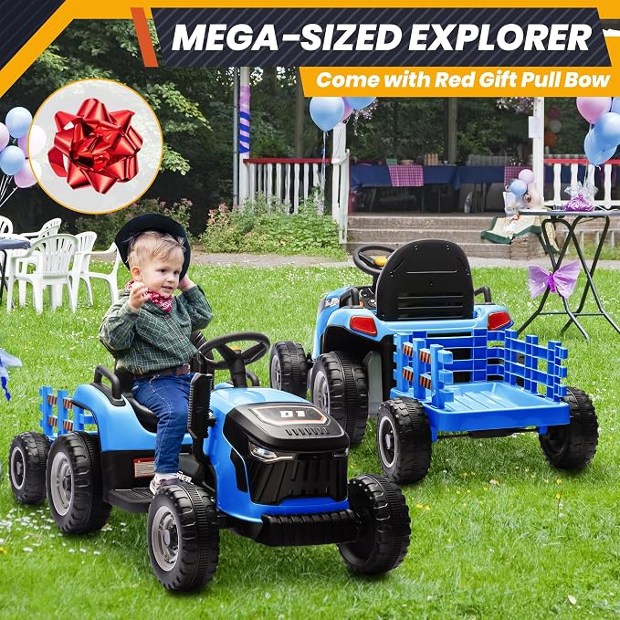 JOYRACER 24V Ride On Toys for Kids, Electric Ride on Tractor w/400W Motors, Tiltable & Detachable Trailer, Adjustable Seat, Bluetooth, Music, Remote Control Tractor Toys for Boys, Sapphire