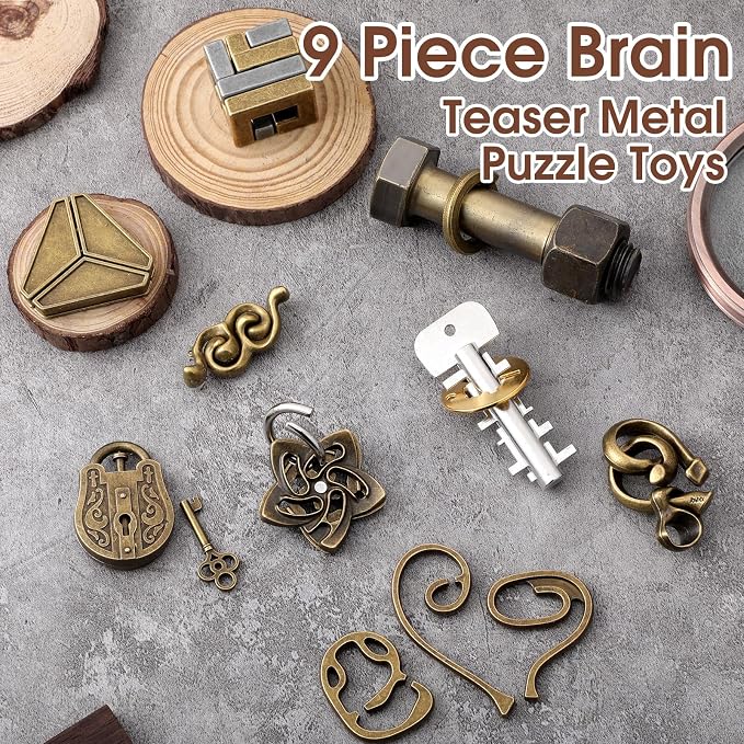 Wettarn 9 Pcs Metal Brain Teaser Puzzles 3D Steel Puzzle Set for Adults IQ Logic Challenge Disentanglement Unlock Interlocking Games Smart Logic Test Toys for Adults Mind Challenge(Retro Style)