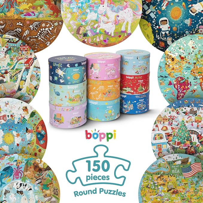 boppi Round 150 Piece Jigsaw for Kids Aged 5-8 | Educational Animals Around the World Puzzle with Continents & Animal Habitats | Eco-Friendly Recycled Cardboard