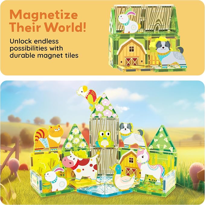 PicassoTiles Magnetic Tiles Magnet Tile Building Blocks Printed Fall Farm Themed Animal Toy Set with 8 Farmyard Animals Character Action Figures STEM Learning Playset for Kids, Ages 3+ PTQ27