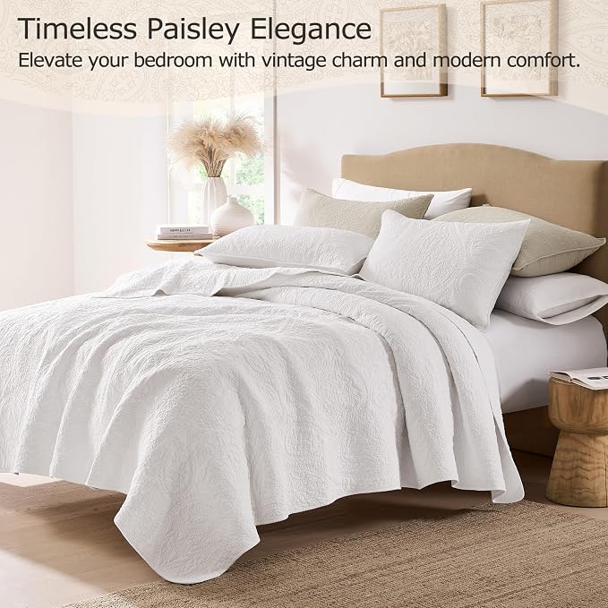 PALASSIO White Paisley 100% Cotton Quilt California Cal King Size Bedding Sets with 2 Pillow Shams, Oversized Boho Floral Farmhouse Vintage Soft Bedspread Shabby Chic Coverlet for All Season, 3 Pieces