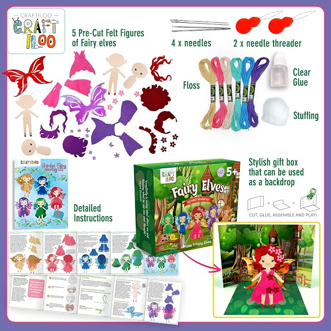 Fairy Elves Sewing Kit for Kids, Fun and Educational Fairytale Craft Set for Boys and Girls Age 7-12, Sew Your Own Felt Fairy Craft Kit for Beginners (Garden Rainbow Fairies Kit)