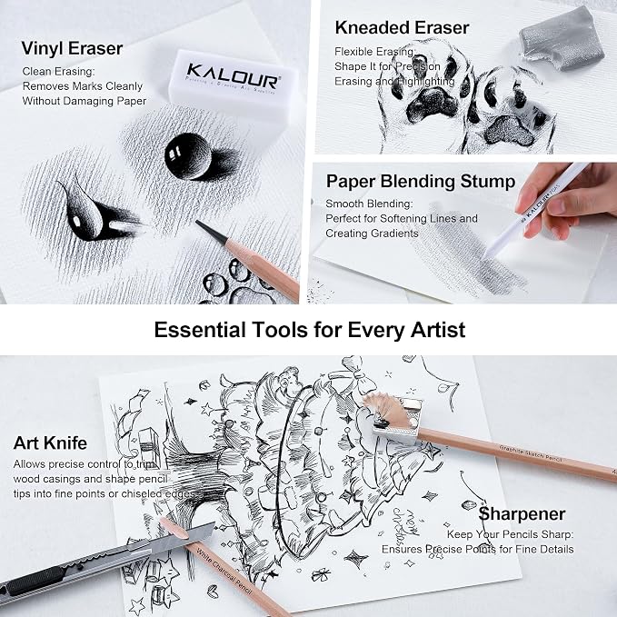 KALOUR 28 Pro Sketching Drawing Pencils Set – 14 Graphite Pencils (14B–5H), Charcoal Pencils, Erasers, Sharpener & Stumps – Complete Art Kit for Artists & Beginner