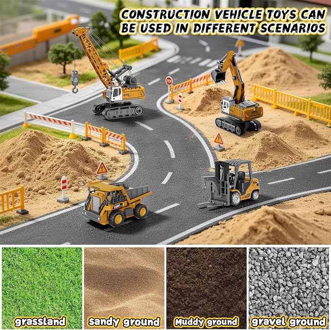 4 PCS RC Construction Vehicles Set with Mini Excavator dump truck Forklift and crane USB Charge Real Lights & Sounds and Movable Parts & Traffic Sign Simulate True Scale Birthday Gifts for Kids Adults