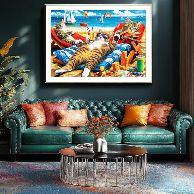 Vibrant Beach Jigsaw Puzzle for Adults 1000 Piece, Funny Cats Summer Vacation Scene, 27.56x19.69 Inches, Stress Relief & Home Decor, Entertaining Challenge