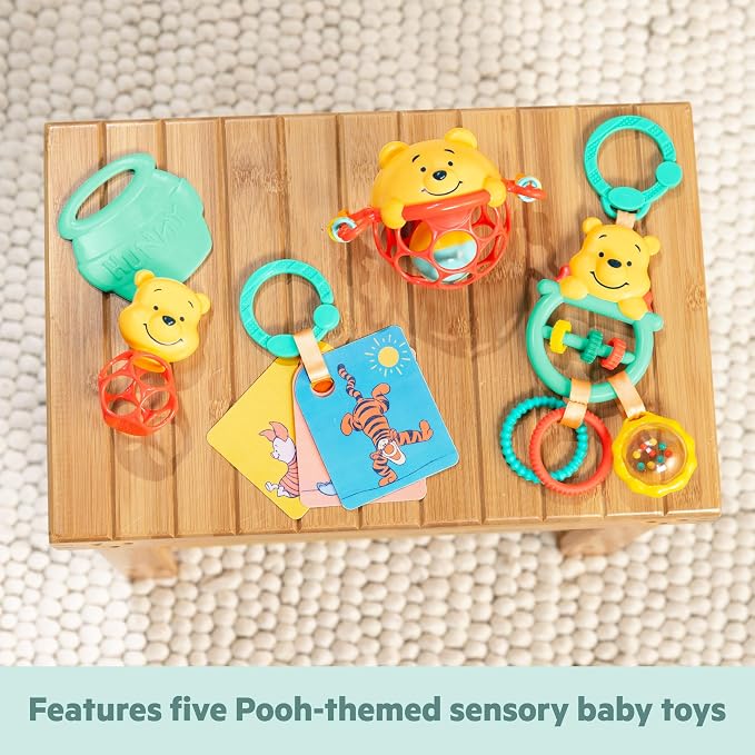 Bright Starts Disney Baby Winnie the Pooh Silly Ole Bundle Gift Set, 5-Piece Sensory Toy Set with Rattle, Teether, Oball & Flash Cards, Developmental Baby Toys 0–12 Months, Newborn Gift