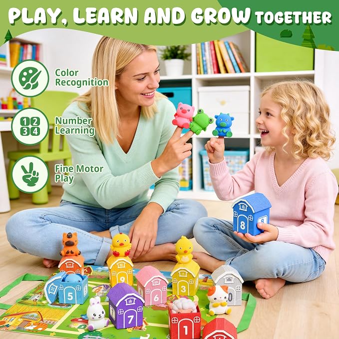 Montessori Toys for Toddlers, 21Pcs Farm Toys with Storage Bags/Playmat Counting, Matching, Sorting Preschool Learning Toy Including 10 Animal Finger Puppets Birthday Gift