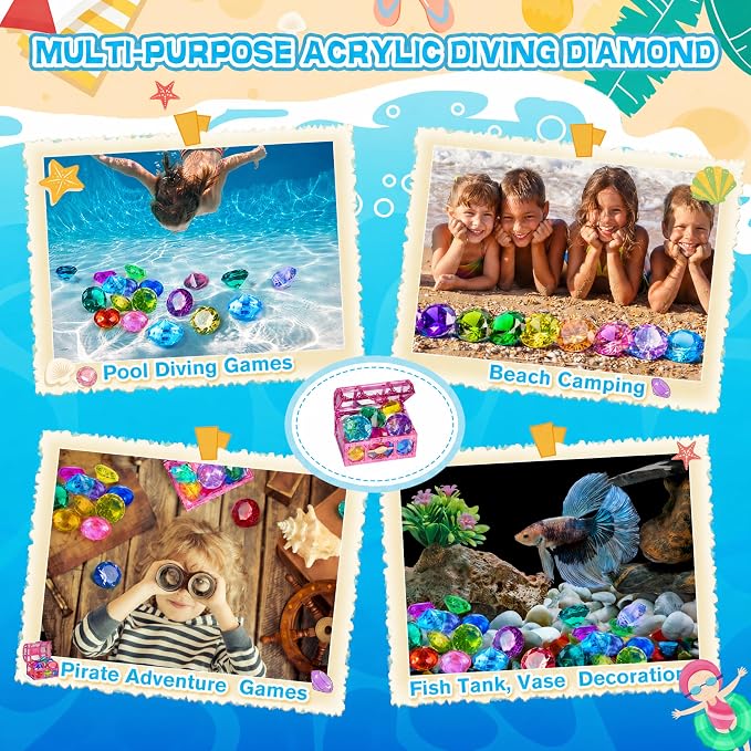 Diving Gems Pool Toys with Purple Treasure Chest Toy for Girls Age 3-10 | Large shatterproof acrylic diving gems. Fade-resistant, specially weighted to sink, building kids' water confidence