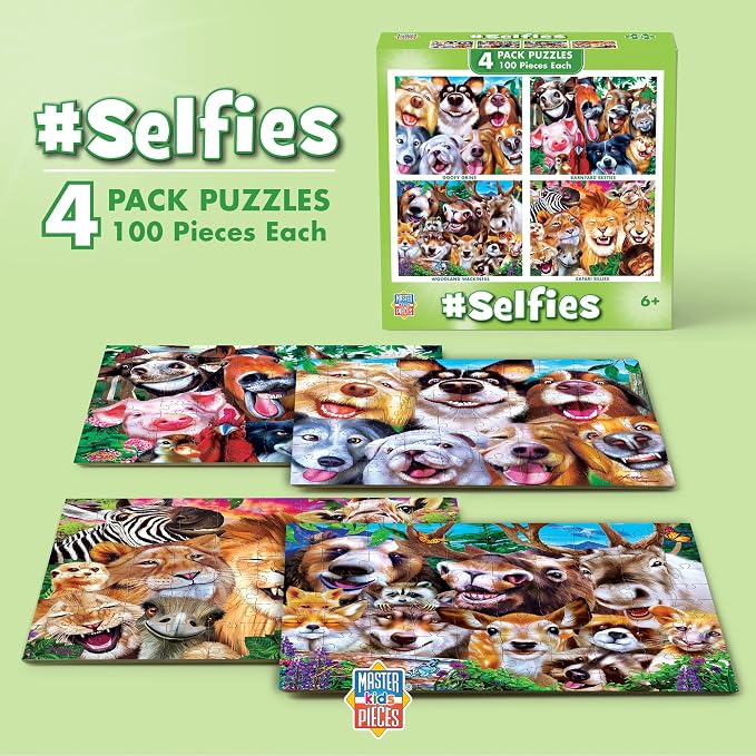MasterPieces – Jigsaw Puzzle Set for Kids 6+ Years, 4-Pack of 100 Pieces, Educational and Fun Game, Silly Animals Collection, Gift Idea for Children, 8" x 10"