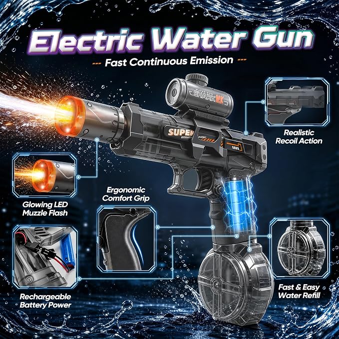 GONINO Electric Water Gun for Kids & Adults, Automatic LED Water Sprayer with Long Range Stream, Leak-Proof Rechargeable Battery Powered Outdoor Pool Toy, Summer Party Gift for Boys Girls, Gray