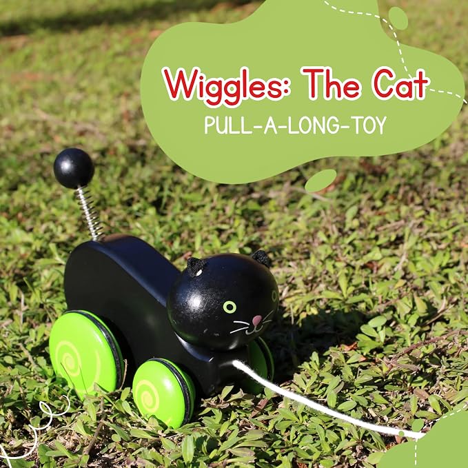 Jack Rabbit Creations- Whiskers The Cat Toddler Wooden Pull Toy- Classic Retro for Toddlers- Durable Construction- Smooth Rolling Wheels- Encourages Imaginative Play-18 Months+