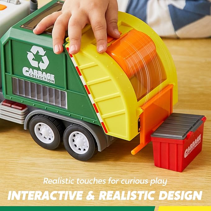 Vroomix LED Garbage Truck Toy Set Includes Dumpster, Toy Truck with Mode Switch & Volume Control, Trash Vehicle with Lights and Sounds, Automatic Bump, Birthday Gift for Boys Girls