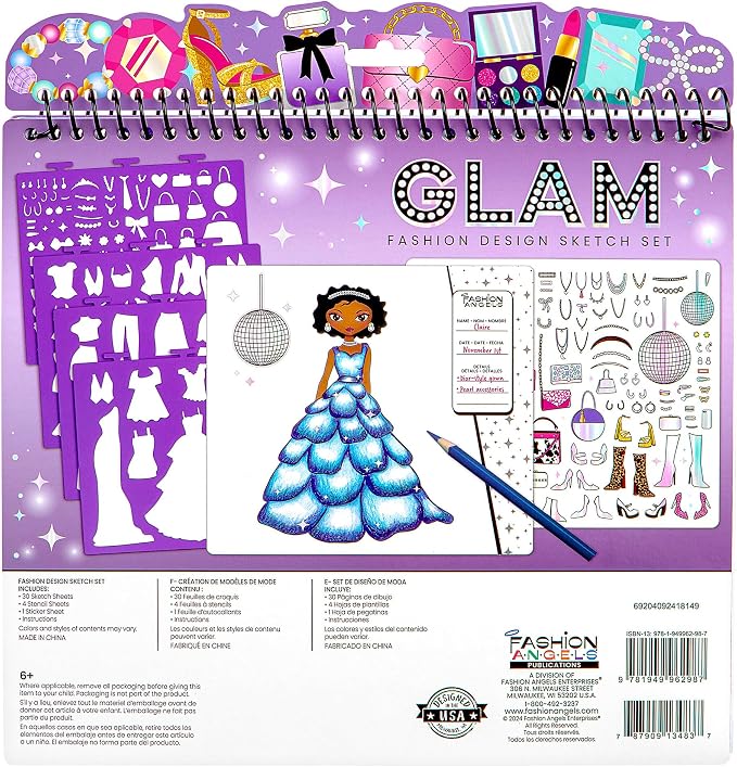 Fashion Angels Glam Fashion Sketch Set, Includes Sketch Pad with Stencils & Stickers, Fashion Design Sketch Book for Girls, Ideal Drawing Kit for Kids