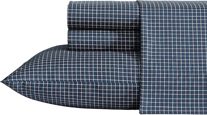 Nautica - Queen Sheets, Premium Cotton Percale Bedding Set, Plaid Home Decor, Oeko-Tex Certified (Reece Plaid Navy, Queen)