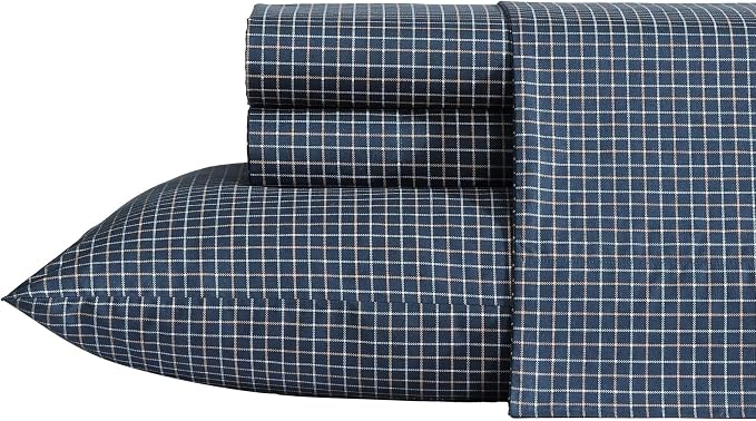 Nautica – Full Size Sheet Set, Crisp Cotton Percale Bedding with Matching Pillowcases, Lightweight & Breathable Bed Sheets, Deep Pocket, College Dorm Room Essentials (Reece Plaid Blue)