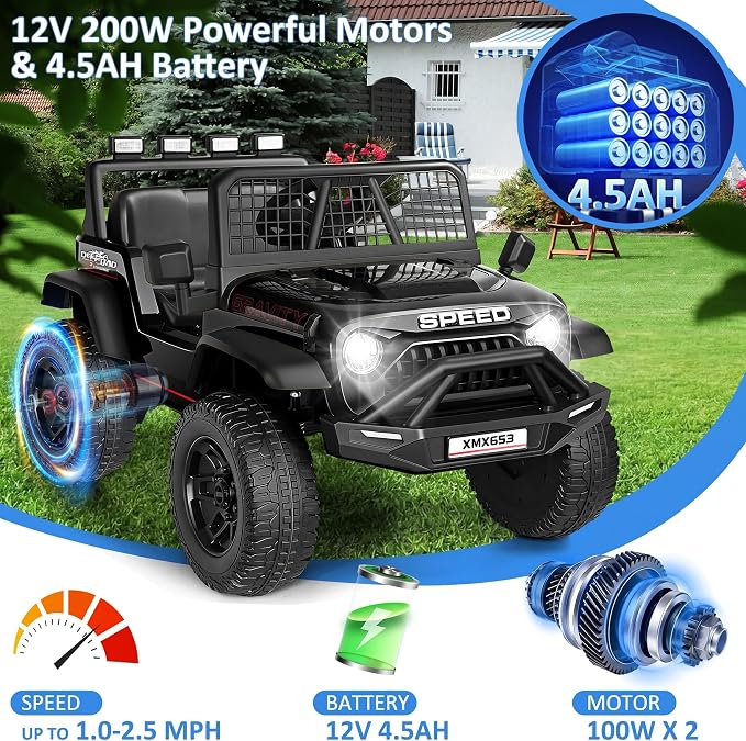 Hikole 12V Ride on Toys with Remote Control, Power Wheels Truck with Remote Control, 3 Speed, Bluetooth, Music, Soft Start, LED Lights, Electric Cars for Kids Boys Girls 3-5, Black