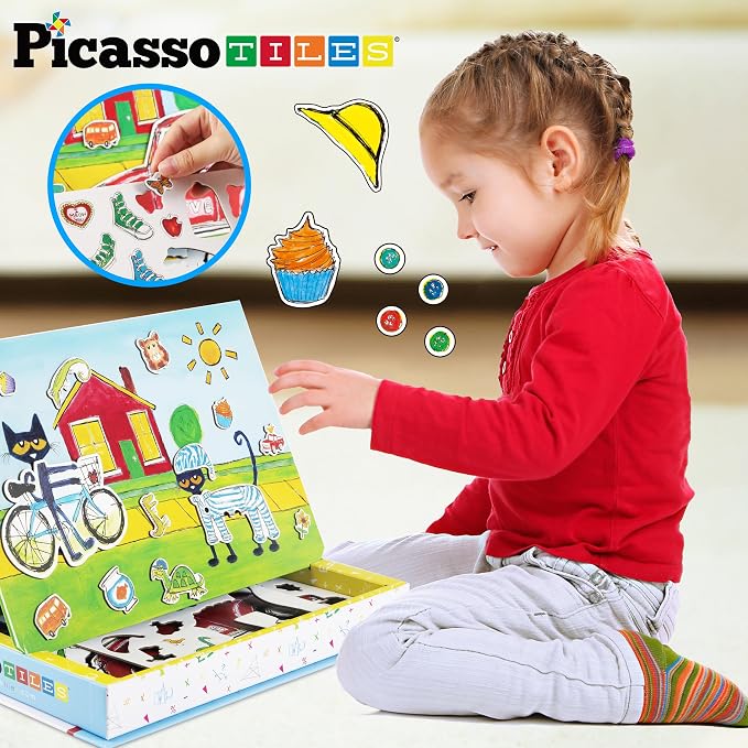 PicassoTiles Pete The Cat 80pc Magnetic Board Game Puzzle Playset Reusable Mix & Match Cartoon Toy with Storytelling, STEM Learning Activity Book and Storage Educational Kids Toys for Ages 3+ PTC02